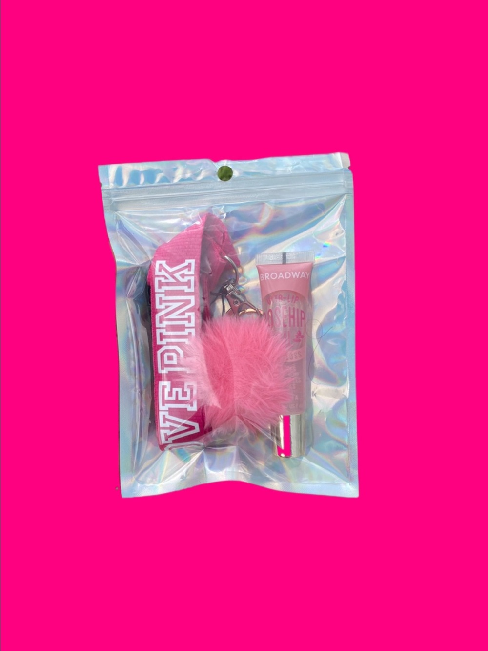 Pink Pom Keychain Wristlet with Lip Gloss